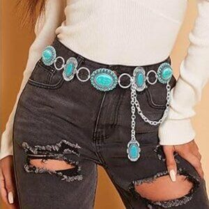 Turquoise Concho Belt for Women Silver Western Chain Belt, Cowgirl Country belt